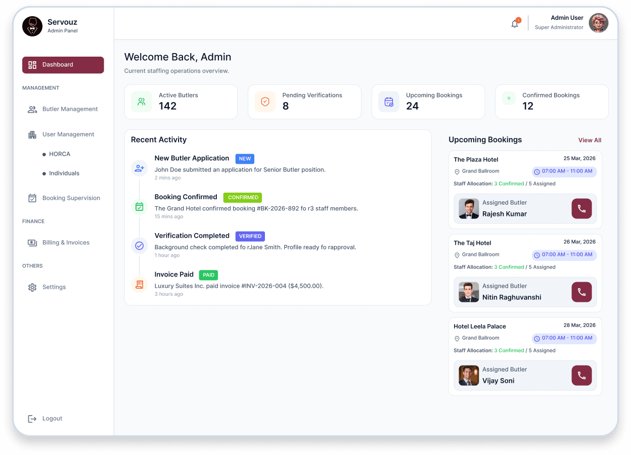 Servouz screenshot 1 - Illustrative Servouz operations workspace, connecting hotel bookings, partner verification, dispatch and attendance.